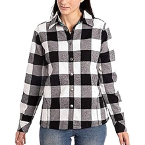 Orvis Plaid Fleece lined Shacket Button Down Top Flannel Black and White medium - Picture 1 of 16